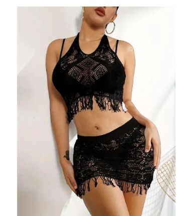 Tasseled bodycon mini skirt, halter neck and hollowed-out nightgown made of soft and comfortable fabric8727