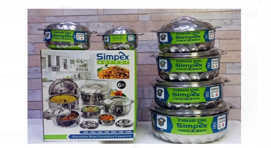 6 Pcs Simpex Insulated Casserole with Unique Stainless Locking System Hotpot Kitchen Hot Pot Serving Dishes Hotpots Serveware Set Keep Food Hot or Cold (1000ml,1500ml,3500ml,5000ml,7500ml,10000ml)