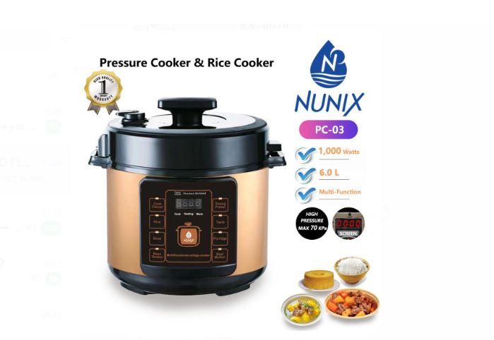 Nunix Multi-functional Kitchen Electric Pressure Cooker and Rice Cooker Explosive Proof 6L PC-03 1000W High Pressure Maximum 70KPa