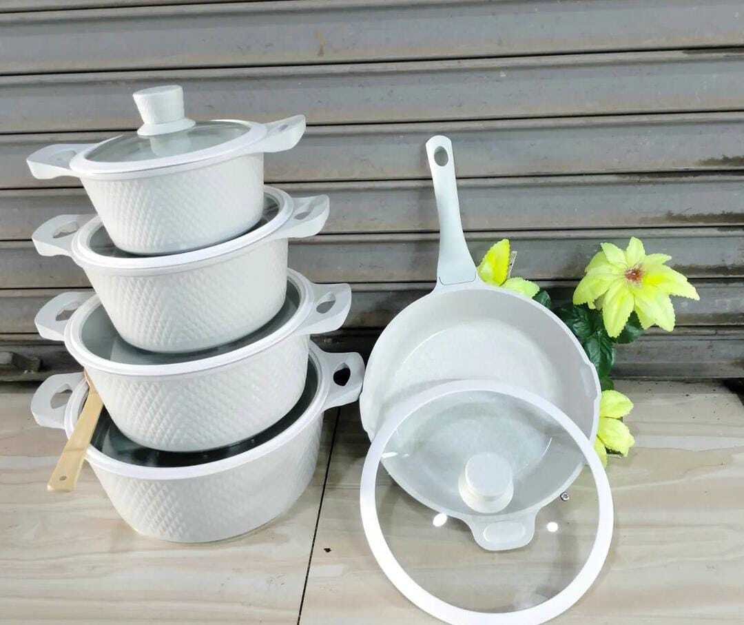 Bosch 11 PCS Granite Cookware Set with Silicone Lid Non Stick Cooking Pots Set can be used as Serveware Set (Serving Dish) 5 Pots and 5 Lids and One Mwiko