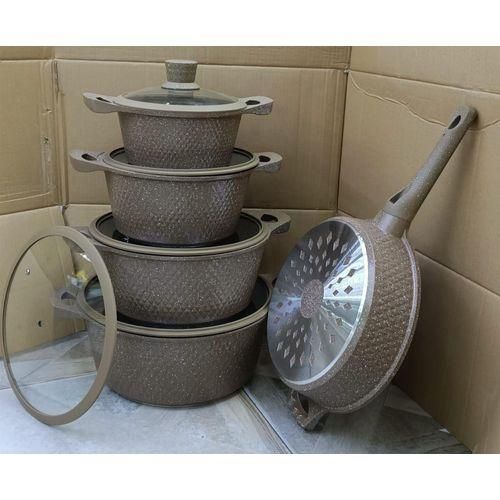Bosch 11 PCS Granite Cookware Set with Silicone Lid Non Stick Cooking Pots Set can be used as Serveware Set (Serving Dish) 5 Pots and 5 Lids and One Mwiko