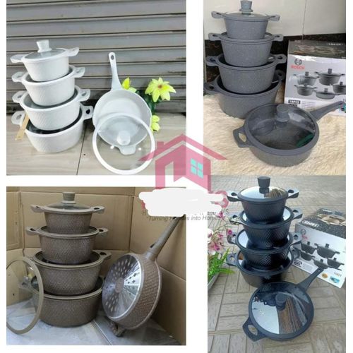 Bosch 11 PCS Granite Cookware Set with Silicone Lid Non Stick Cooking Pots Set can be used as Serveware Set (Serving Dish) 5 Pots and 5 Lids and One Mwiko