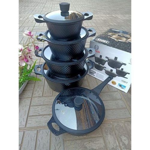 Bosch 11 PCS Granite Cookware Set with Silicone Lid Non Stick Cooking Pots Set can be used as Serveware Set (Serving Dish) 5 Pots and 5 Lids and One Mwiko