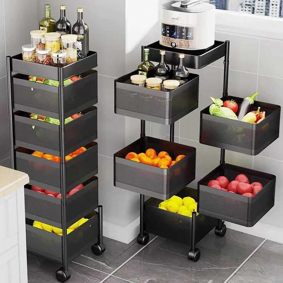 Rotating Multi-Layer Metal Square Fruit Organizer Vegetable Storage Tower Unit Shelves Rack Organizer Baskets with  Wheels