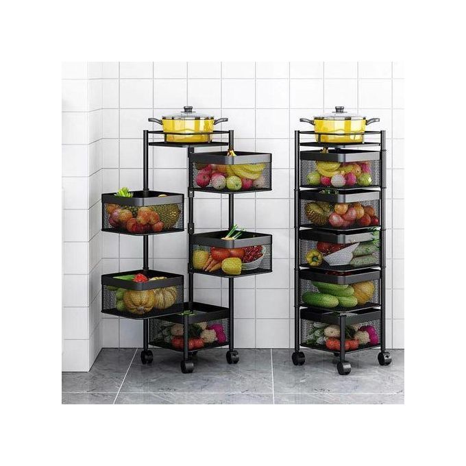 Rotating Multi-Layer Metal Square Fruit Organizer Vegetable Storage Tower Unit Shelves Rack Organizer Baskets with  Wheels