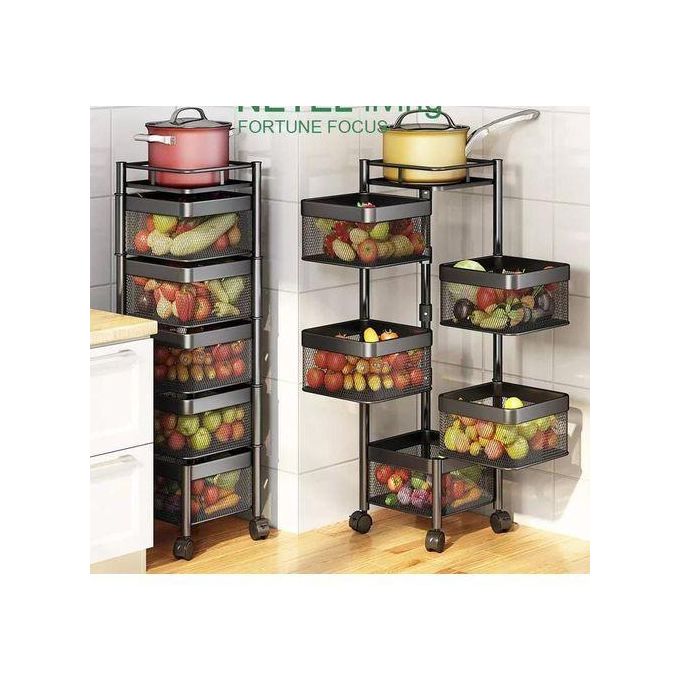 Rotating Multi-Layer Metal Square Fruit Organizer Vegetable Storage Tower Unit Shelves Rack Organizer Baskets with  Wheels