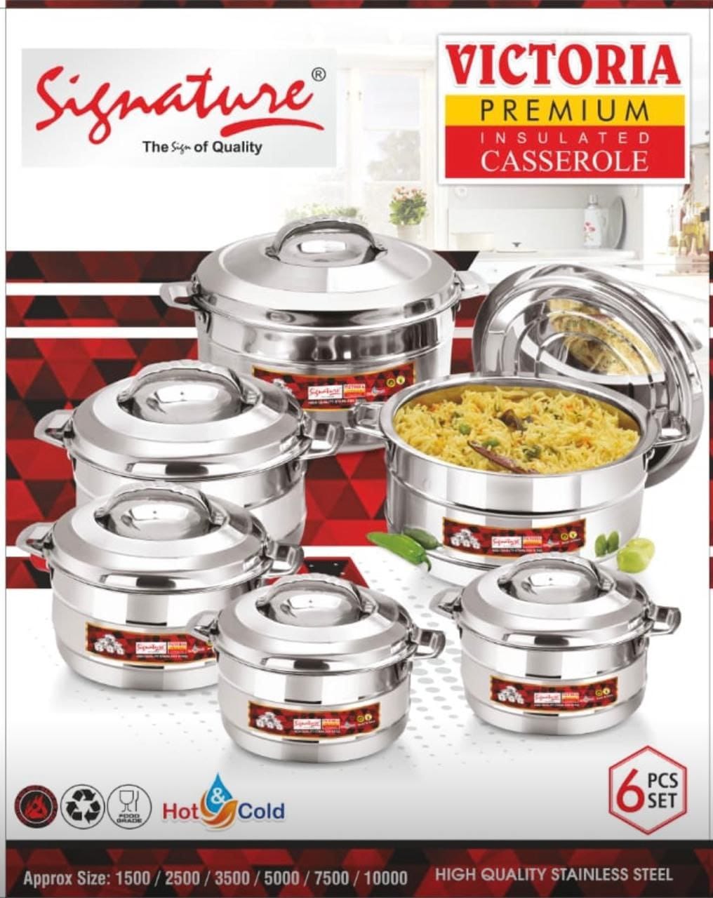 6 pcs Victoria Signature  Premium Stainless Steel Hotpots Serving Dish Casserole Sereware Set Hot Potn(1500/2500/3500/5000/7500/10000) Hot and Cold Food Hotpot