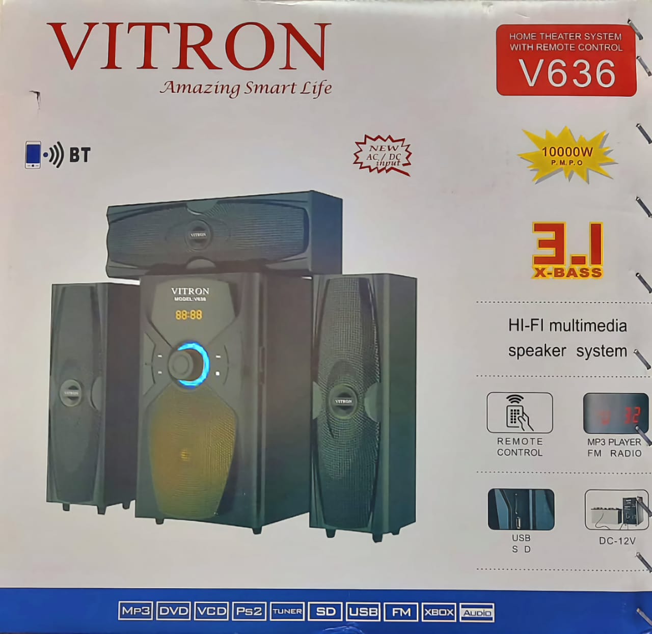 Vitron V636 3.1CH Hi-Fi Multimedia Speaker System With Bluetooth 10000W PMPO USB, MP3 player, FM Radio Subwoofer AC/DC Woofer Sound System