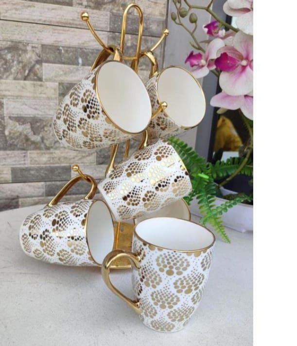 6pcs Gold mugs multi dotted pattern Classic Ceramic Cups for Coffee, Tea, Milk or Water Mug