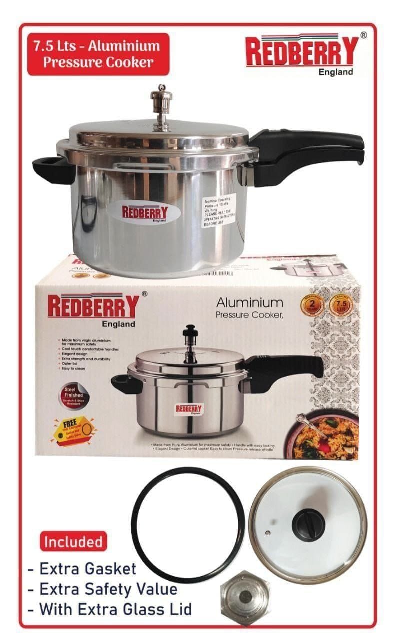 REDBERRY PREMIUM RANGE ONE HANDLE ALUMINIUM PRESSURE COOKER WITH GLASS LIDS, WITH FREE EXTRA GASKET & SAFTY VALUE