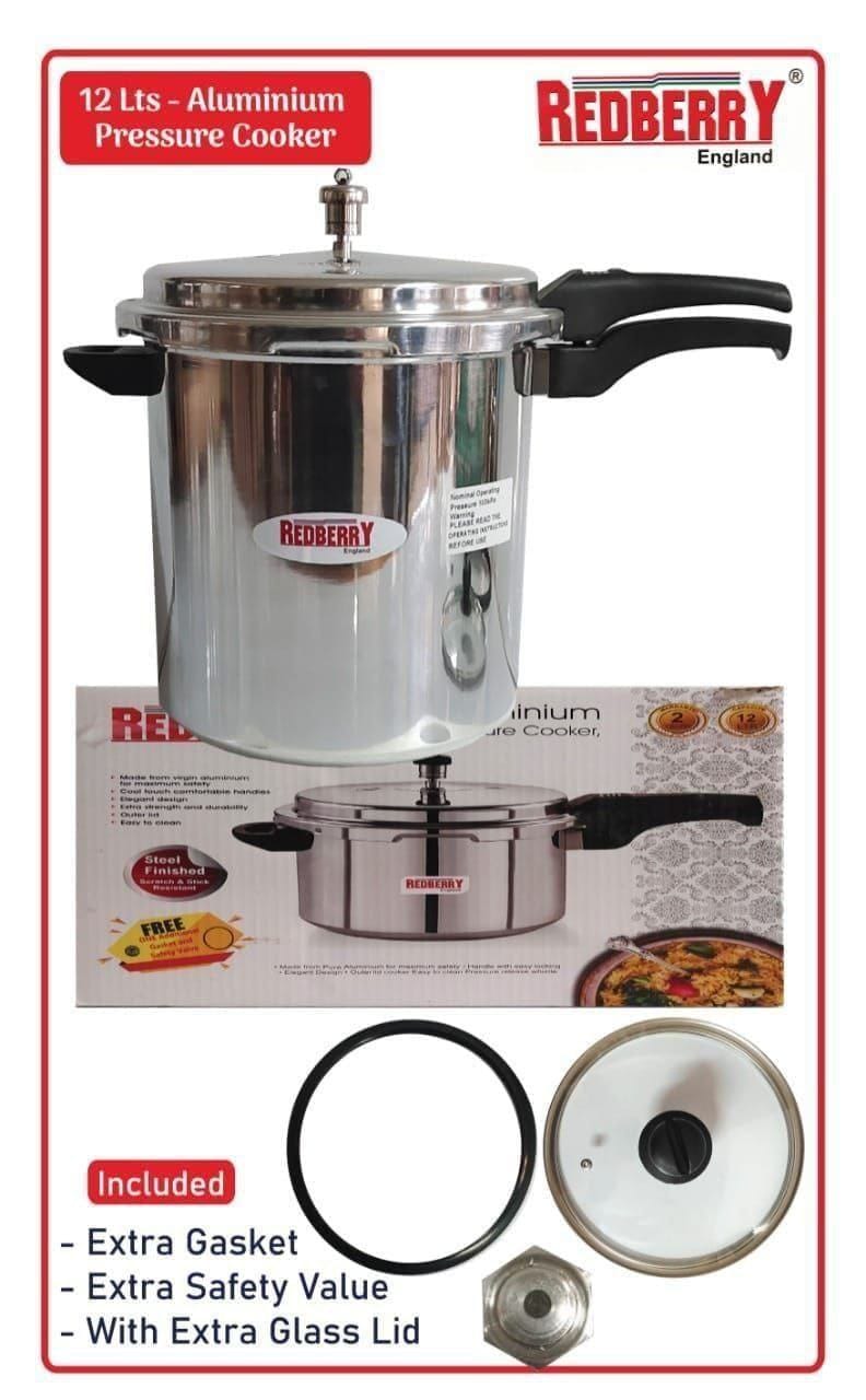 REDBERRY PREMIUM RANGE ONE HANDLE ALUMINIUM PRESSURE COOKER WITH GLASS LIDS, WITH FREE EXTRA GASKET & SAFTY VALUE