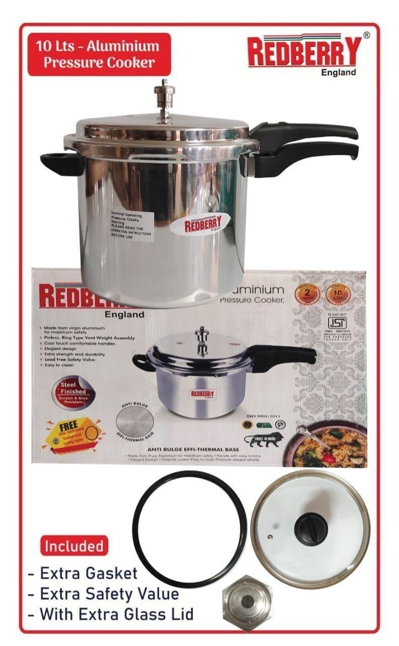 REDBERRY PREMIUM RANGE ONE HANDLE ALUMINIUM PRESSURE COOKER WITH GLASS LIDS, WITH FREE EXTRA GASKET & SAFTY VALUE