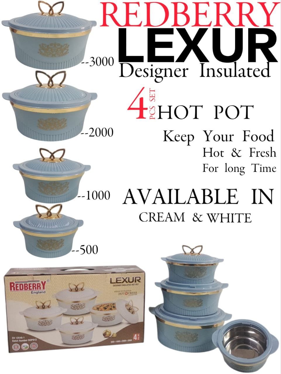 4pcs Redberry Lexur  Premier Range Plastic Designer Insulated Hotpots Serving Dish Casserole Set Hot Pot Serveware Set Serve or Keep Food Hot or Cold