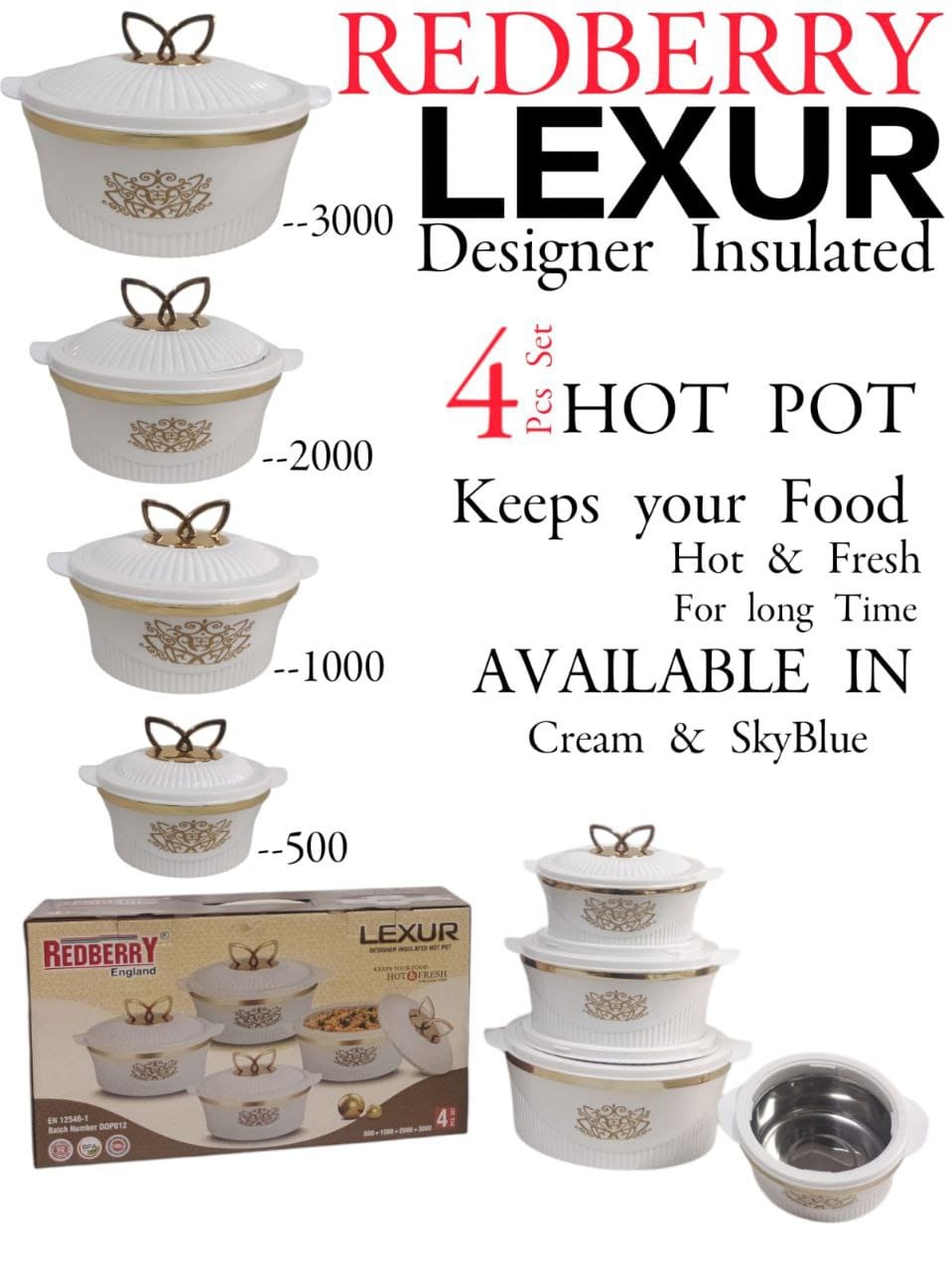 4pcs Redberry Lexur  Premier Range Plastic Designer Insulated Hotpots Serving Dish Casserole Set Hot Pot Serveware Set Serve or Keep Food Hot or Cold