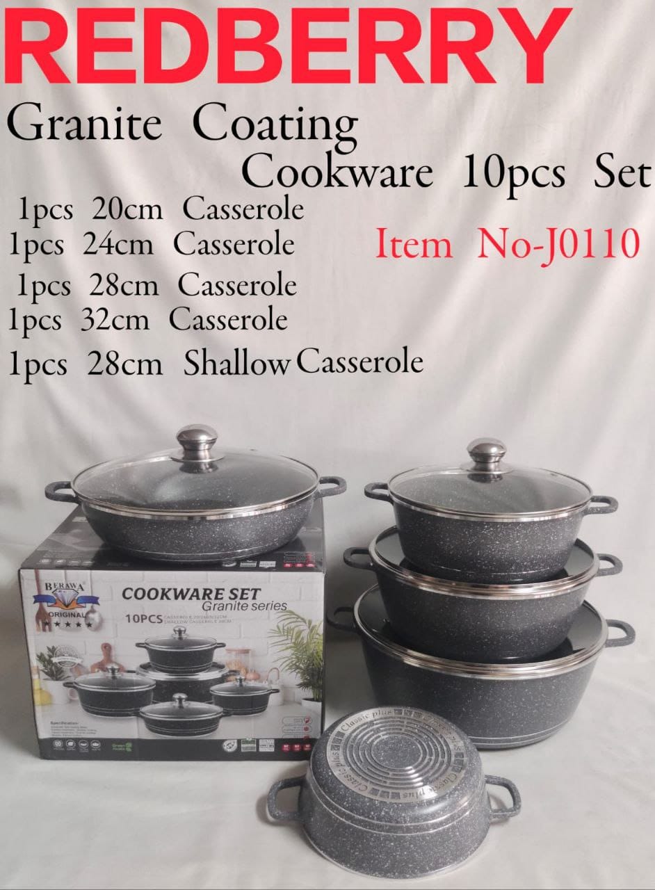 Redberry 10 pieces Granite Coating Premier Range of Non Stick sufuria cookware set modern Cooking Pots can be used as Serving Pot or Serveware Dish Set