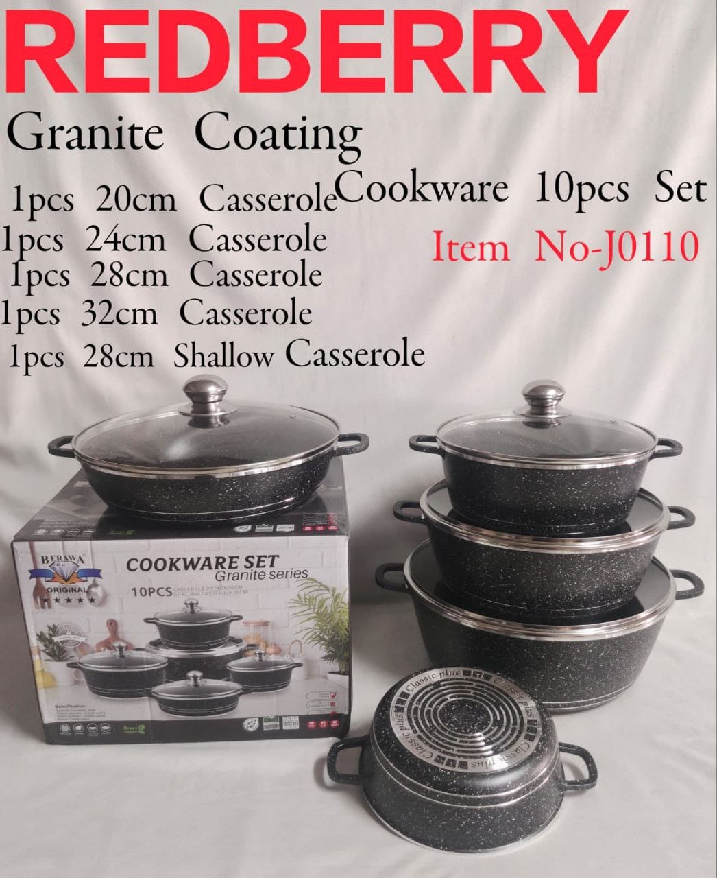 Redberry 10 pieces Granite Coating Premier Range of Non Stick sufuria cookware set modern Cooking Pots can be used as Serving Pot or Serveware Dish Set