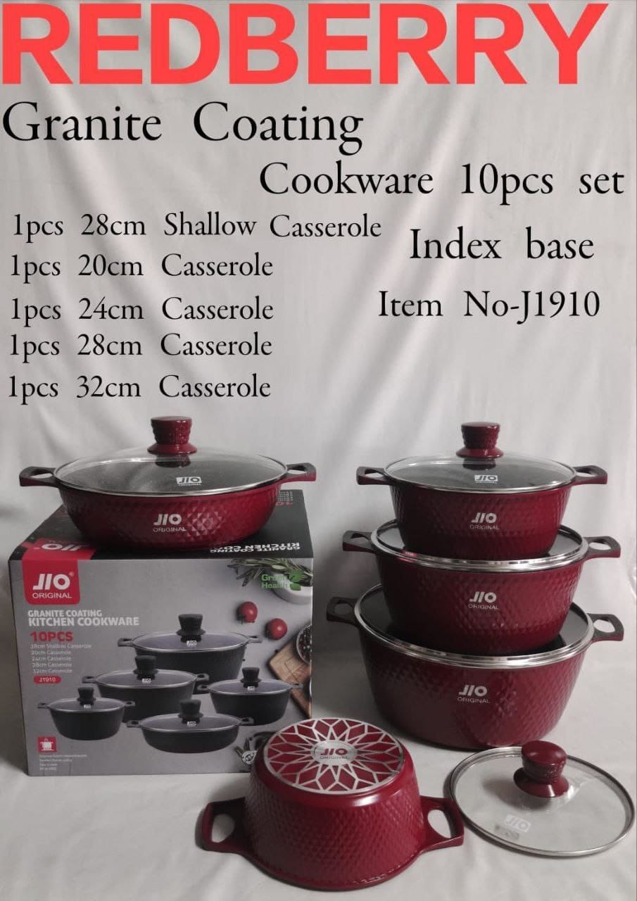 Jio from Redberry 10 pieces Granite Coating Premier Range of Non Stick sufuria cookware set modern Cooking Pots with Index Base can be used as Serving Pot or Serveware Dish Set ( 5Pots and 5 Lids )
