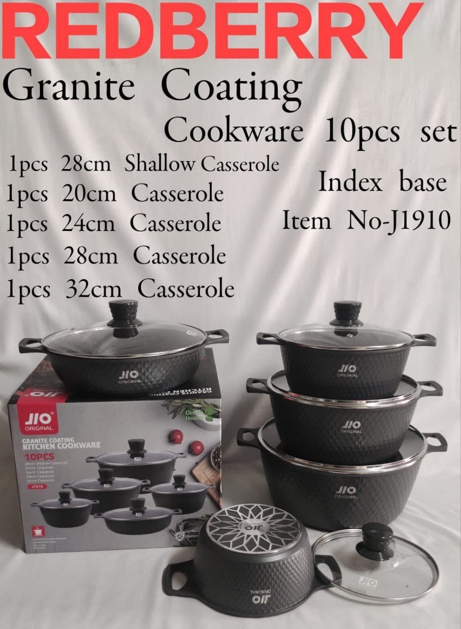 Jio from Redberry 10 pieces Granite Coating Premier Range of Non Stick sufuria cookware set modern Cooking Pots with Index Base can be used as Serving Pot or Serveware Dish Set ( 5Pots and 5 Lids )