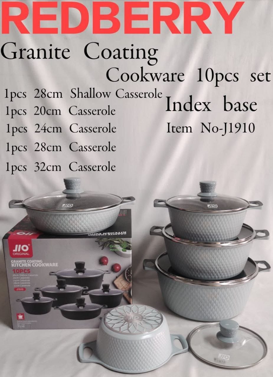 Jio from Redberry 10 pieces Granite Coating Premier Range of Non Stick sufuria cookware set modern Cooking Pots with Index Base can be used as Serving Pot or Serveware Dish Set ( 5Pots and 5 Lids )