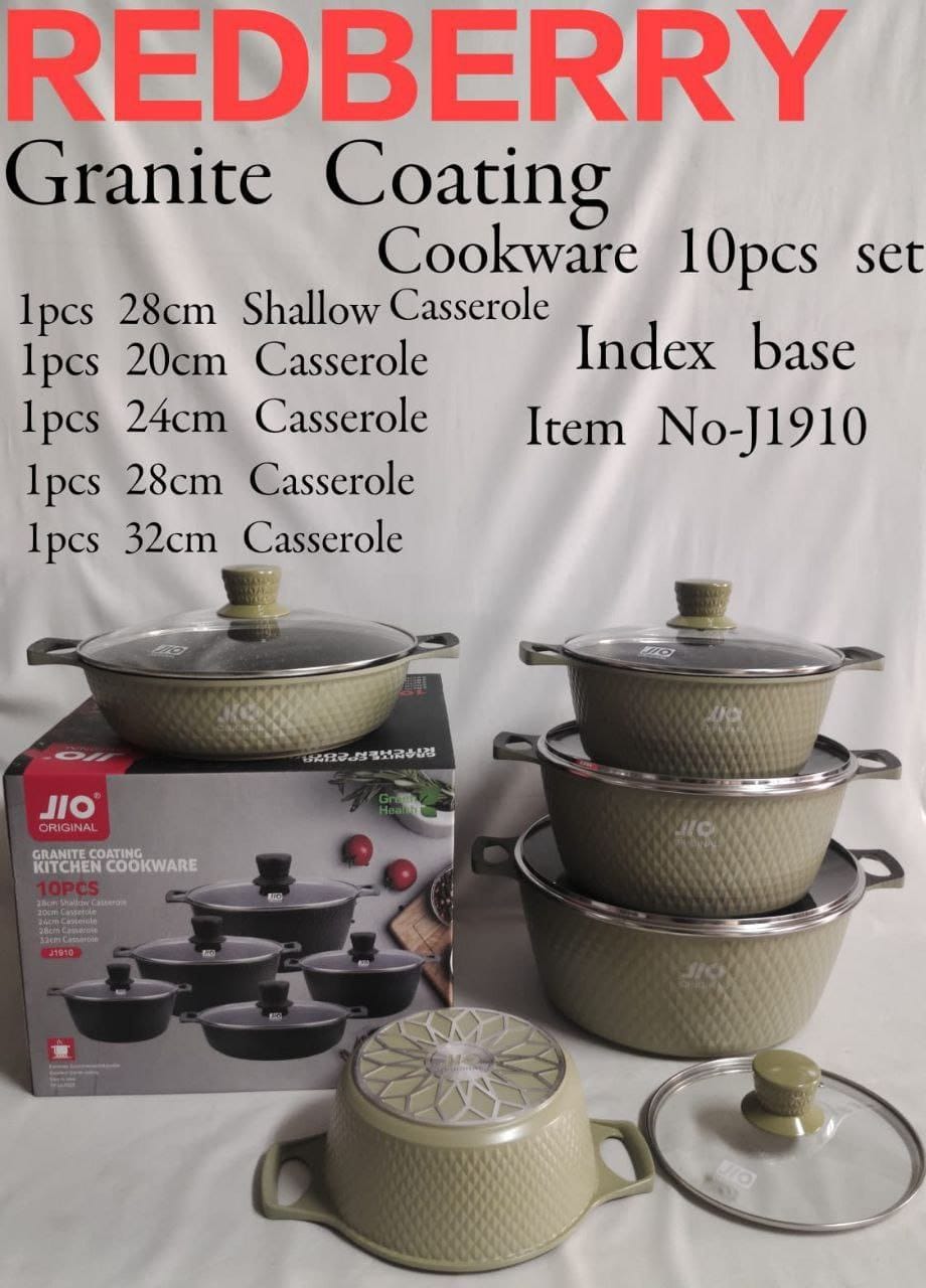 Jio from Redberry 10 pieces Granite Coating Premier Range of Non Stick sufuria cookware set modern Cooking Pots with Index Base can be used as Serving Pot or Serveware Dish Set ( 5Pots and 5 Lids )