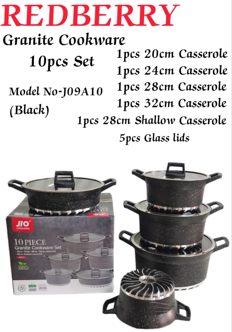 Jio from Redberry 10 pieces Granite Coating Premier Range of Non Stick sufuria cookware set modern Cooking Pots can be used as Serving Pot or Serveware Dish Set ( 5Pots and 5 Glass Lids )