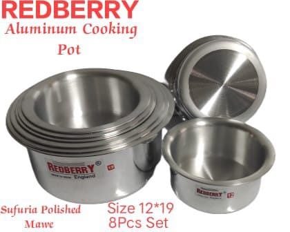 Redberry 8pcs from size 12 to 19 Premier Range of Aluminium Cooking Pots Set Stainless steel Sufuria Heavy Duty Full Polished Mawe Pot