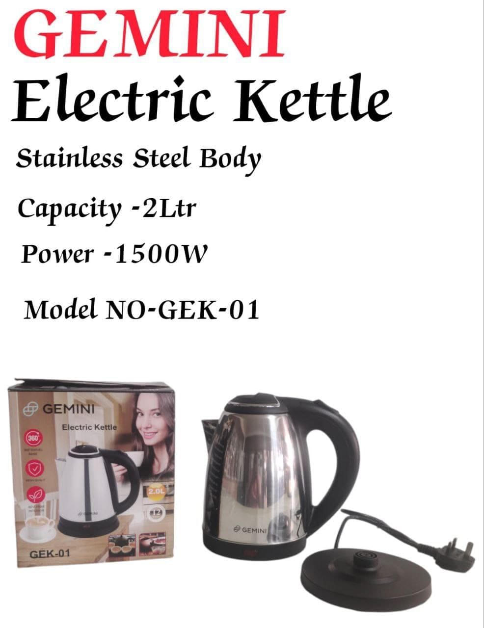 Gemini 2.0ltrs Stainless Steel Body Electric Kettle with 1500W Automatic Hot Water Boiler or Heater Jug Auto Shutoff