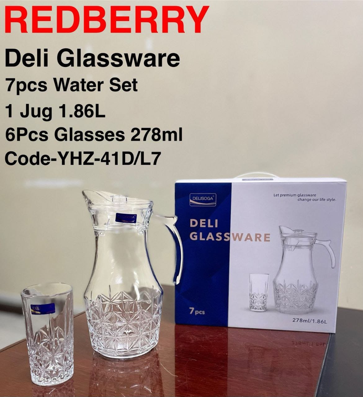 Deli Glassware from Redberry 7Pcs Water Set Which Includes 6pcs of 278ml of each Glass and 1pc Jug of 1.86ltrs with Lid Made of crystal material and is transparent Strong Glasses and Jug