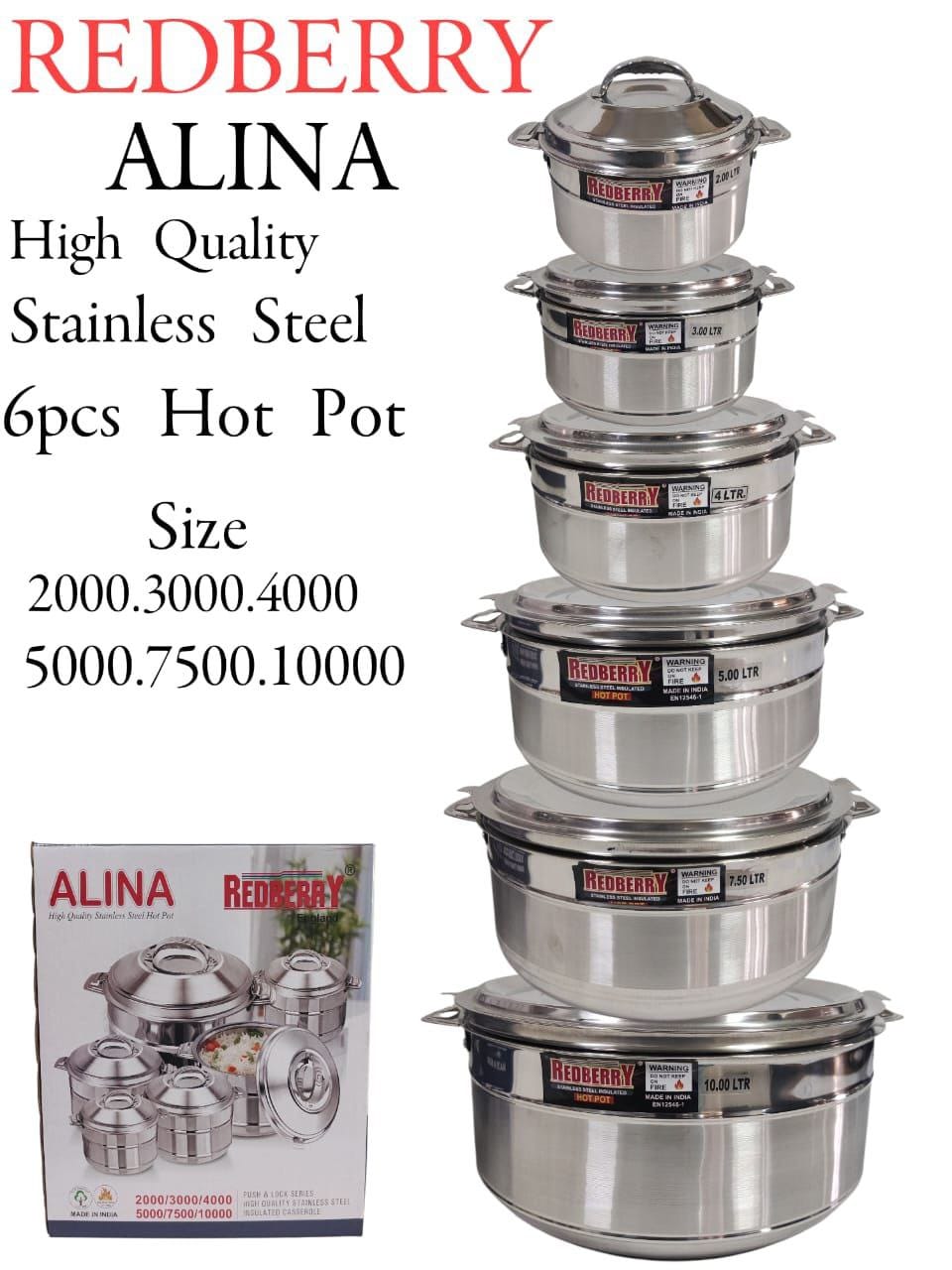 6pcs of  Redberry Alina High Quality Premier Range of Insulated Stainless Steel Hotpots Serving Dish Hot Pot Sereware Set Casserole Hotpot Serve food Hot or Cold (2000, 3000, 4000, 5000, 7500,10000ML