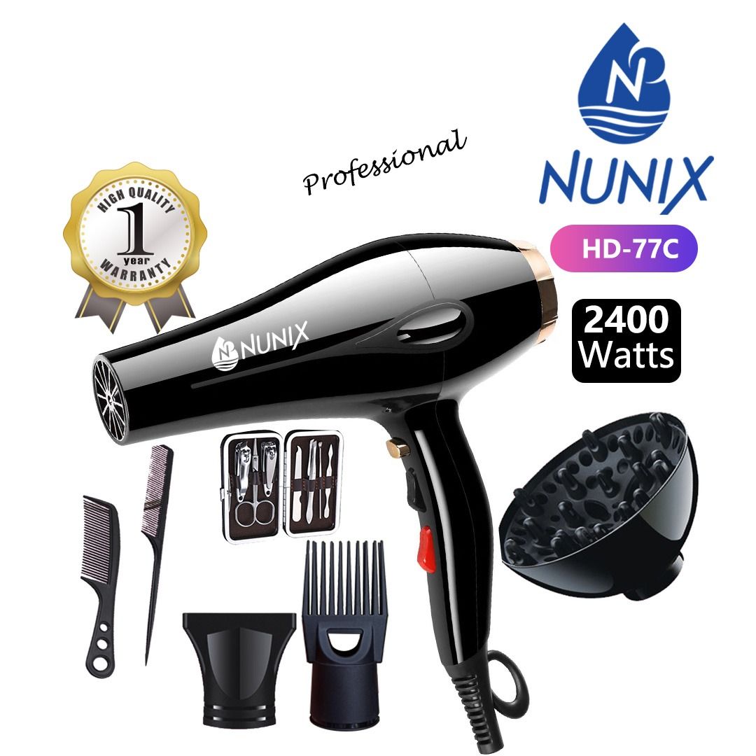 Nunix Professional HD-77C 2400W Blow Dry Hair Dryer Professional Blowers Blow Dryer Low Noise Hot And Cold Wind Styling Tools with Accessories