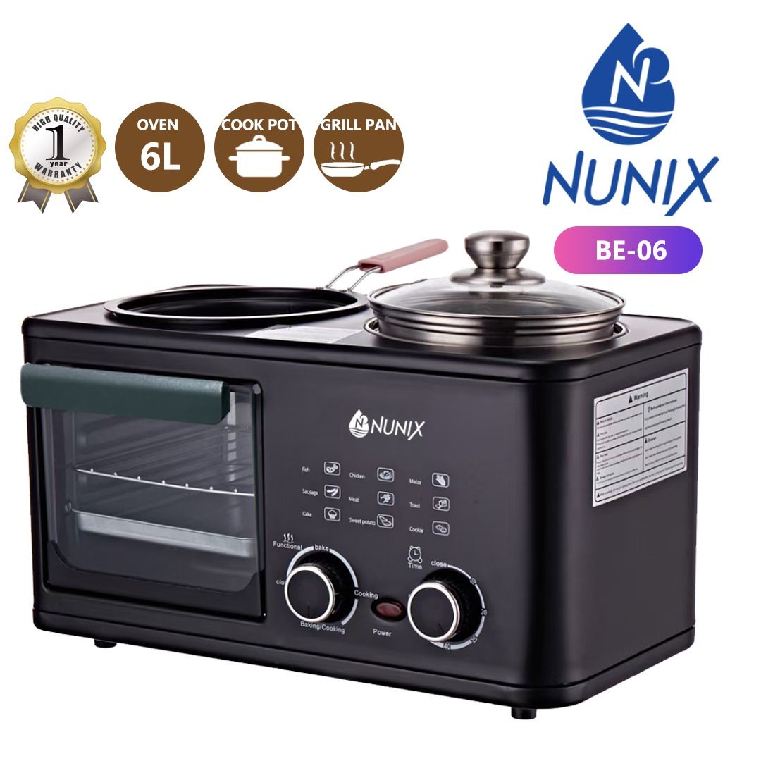 Nunix 3 In 1 BE-06 Kitchen Multifunctional  Breakfast Maker Machine 6ltrs Oven with Cook pot and Grill Pan