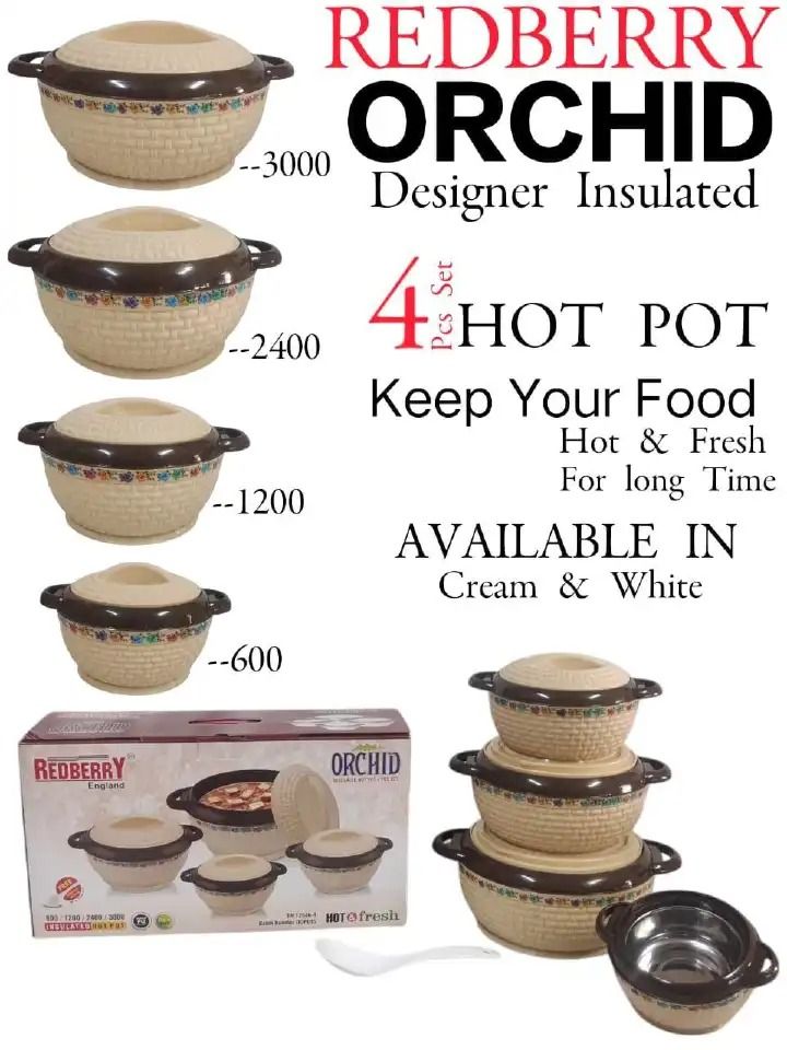 4pcs Redberry Orchid Premier Range Plastic Designer Insulated Hotpots Serving Dish Casserole Set Hot Pot Serveware Set Serve or Keep Food Hot or Cold Size 500/1000/2000/3000ML