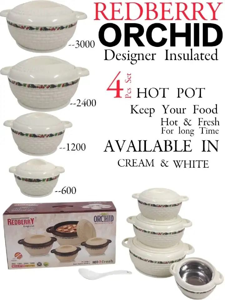 4pcs Redberry Orchid Premier Range Plastic Designer Insulated Hotpots Serving Dish Casserole Set Hot Pot Serveware Set Serve or Keep Food Hot or Cold Size 500/1000/2000/3000ML