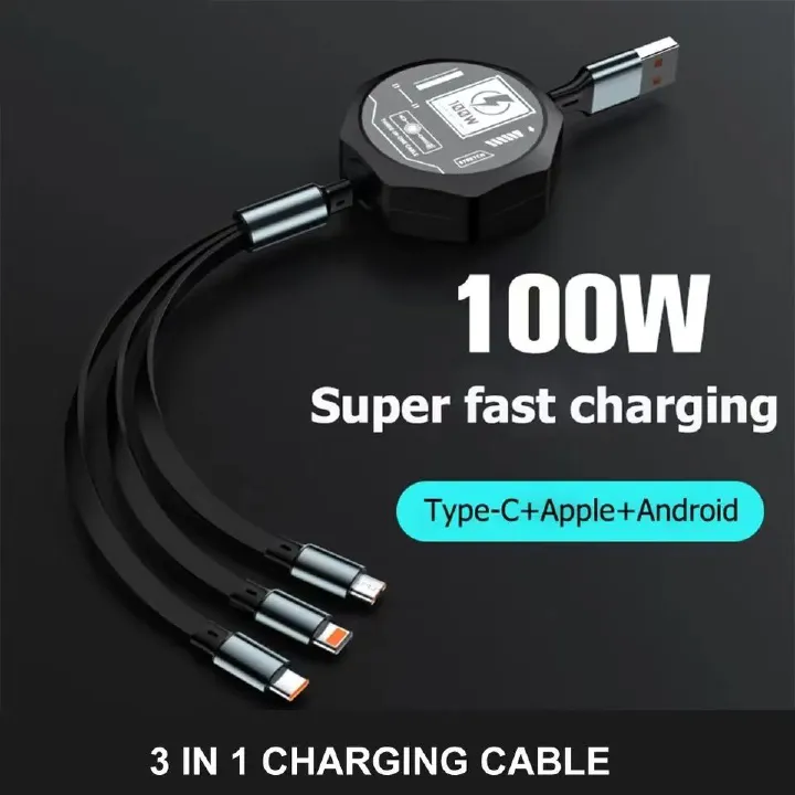 3 In 1 Retractable Usb 100W Cable Fast Charging And Data Micro Usb Type C Fast Charger Cable For iPhone Android Phone Xiaomi Huawei OPPO