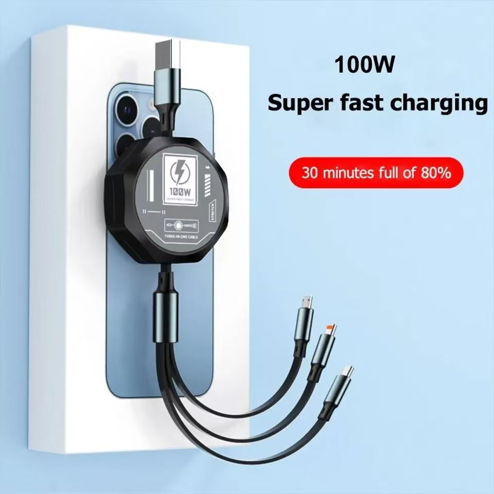 3 In 1 Retractable Usb 100W Cable Fast Charging And Data Micro Usb Type C Fast Charger Cable For iPhone Android Phone Xiaomi Huawei OPPO