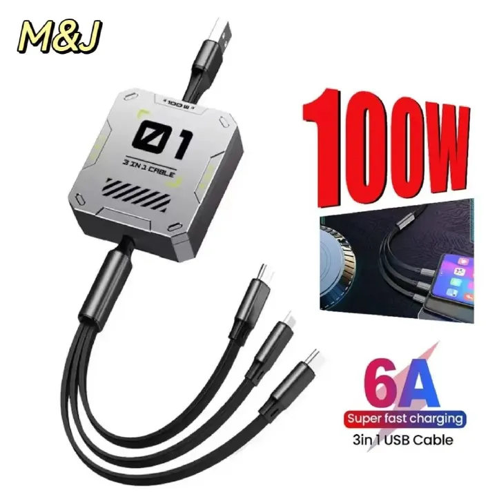 New 3 In 1 Retractable Fast Charging Cable High Quality Phone Data Cable Type C Usb 100w  For iphone Huawei Xiaomi Android Phones