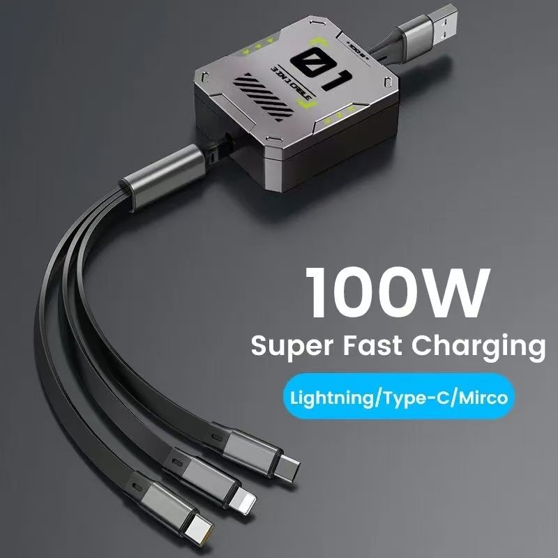 New 3 In 1 Retractable Fast Charging Cable High Quality Phone Data Cable Type C Usb 100w  For iphone Huawei Xiaomi Android Phones