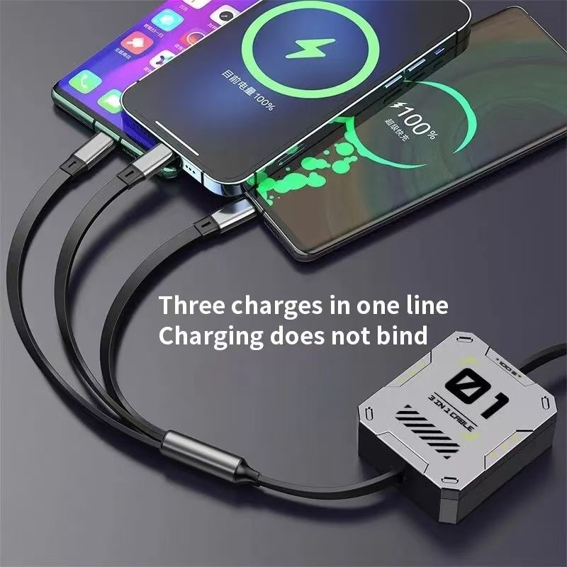 New 3 In 1 Retractable Fast Charging Cable High Quality Phone Data Cable Type C Usb 100w  For iphone Huawei Xiaomi Android Phones
