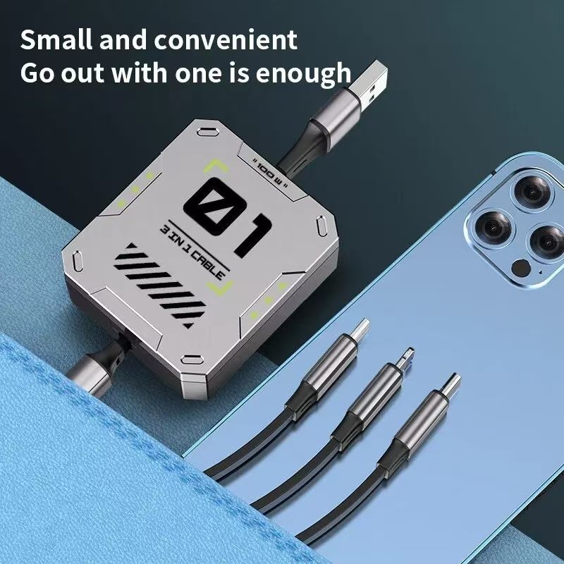 New 3 In 1 Retractable Fast Charging Cable High Quality Phone Data Cable Type C Usb 100w  For iphone Huawei Xiaomi Android Phones