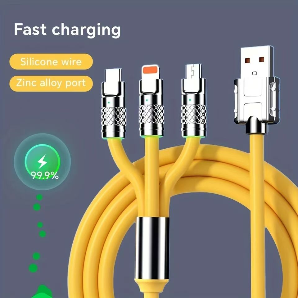 6A 120W 3 In 1 Charging Cable USB Fast Charger Cable For iPhone Micro USB Type-C Charging Cable For Huawei Samsung Xiaomi Wird Cord Yellow