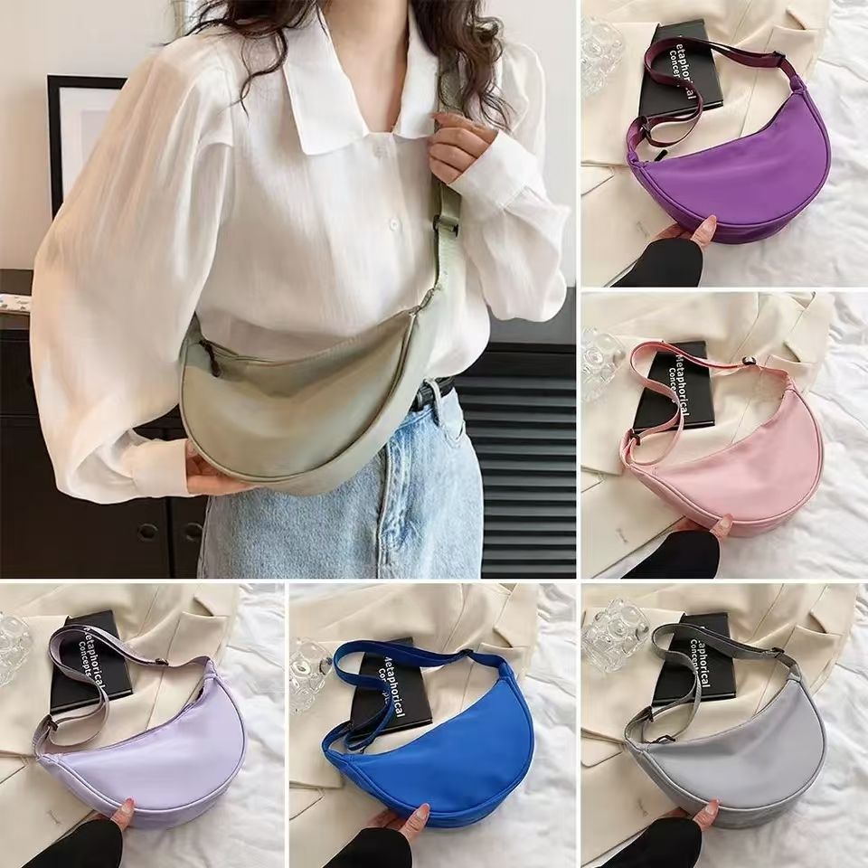 New Women Crossbody Bags Dumpling Shape Lightweight Underarm Knapsack Nylon Smooth Zipper Shoulder Bag