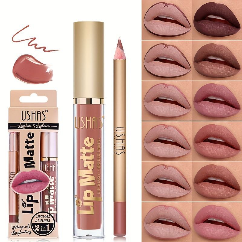 USHAS 2 In 1 Matte Lipstick&lip Liner Set Lip Gloss Lip Pencil High Pigmented Waterproof Long Lasting Lip Stick Lips Makeup