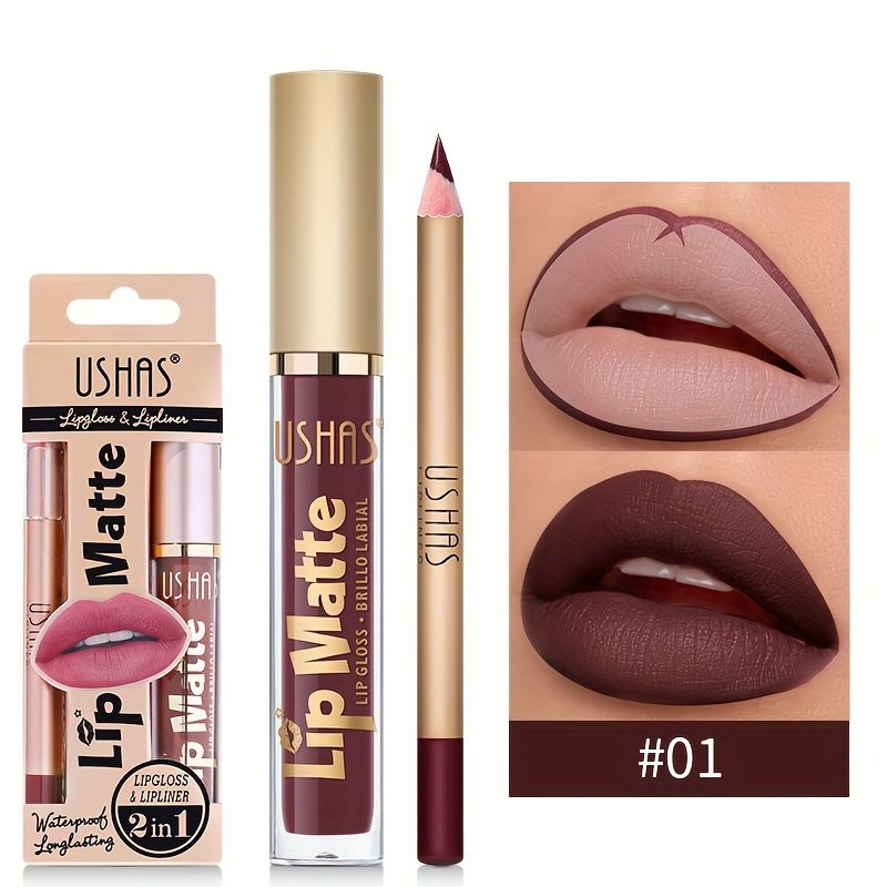 USHAS 2 In 1 Matte Lipstick&lip Liner Set Lip Gloss Lip Pencil High Pigmented Waterproof Long Lasting Lip Stick Lips Makeup