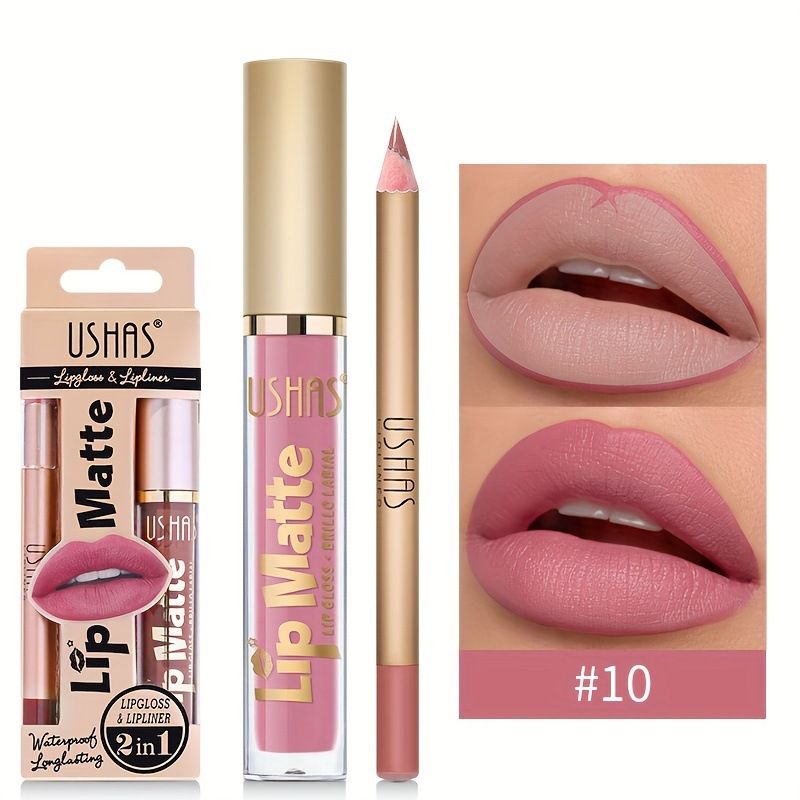USHAS 2 In 1 Matte Lipstick&lip Liner Set Lip Gloss Lip Pencil High Pigmented Waterproof Long Lasting Lip Stick Lips Makeup
