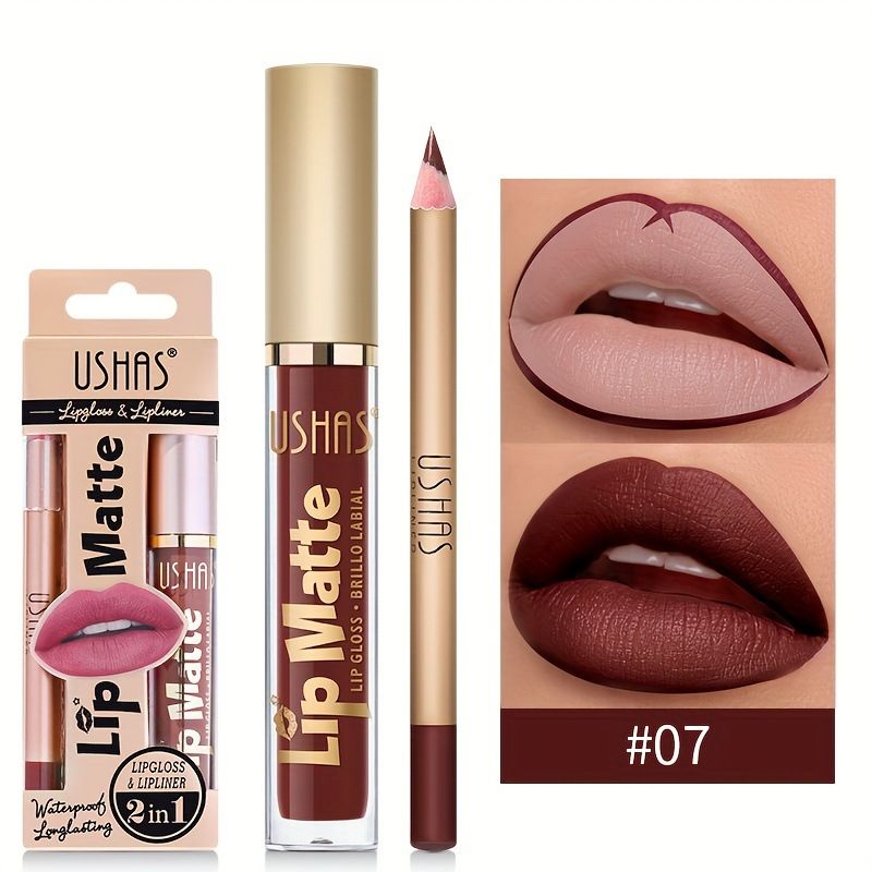 USHAS 2 In 1 Matte Lipstick&lip Liner Set Lip Gloss Lip Pencil High Pigmented Waterproof Long Lasting Lip Stick Lips Makeup