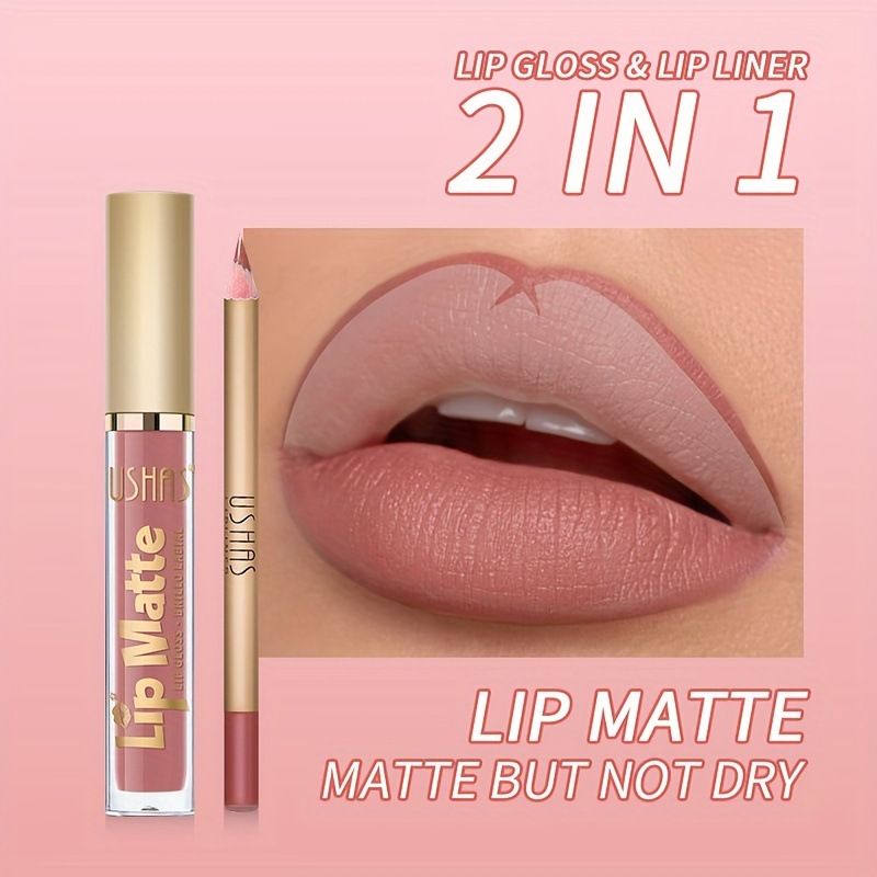 USHAS 2 In 1 Matte Lipstick&lip Liner Set Lip Gloss Lip Pencil High Pigmented Waterproof Long Lasting Lip Stick Lips Makeup