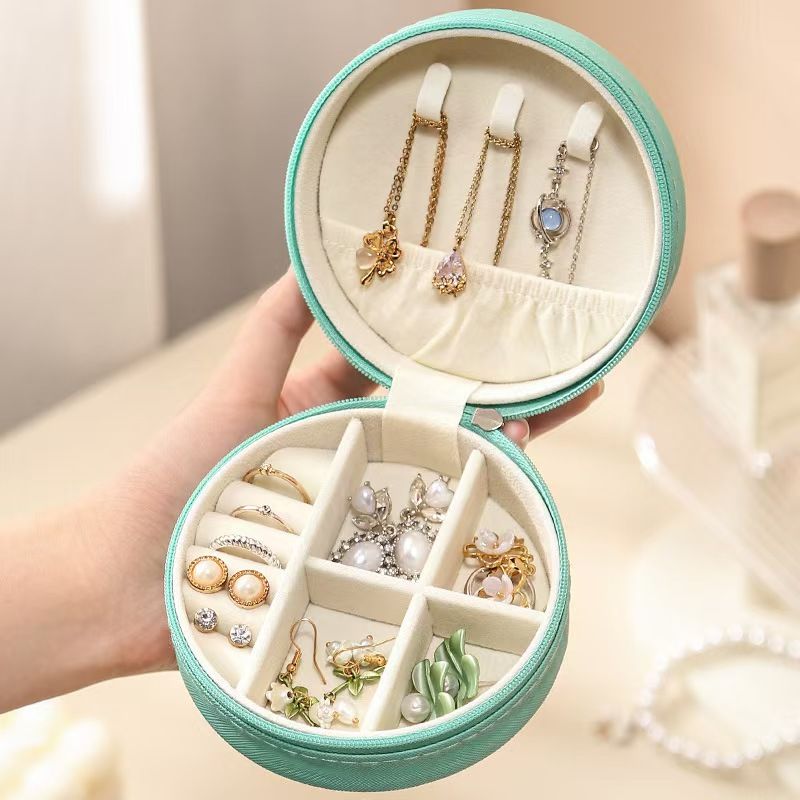 New PU Leather Jewelry Box Round Jewelry Organizer Case Multicolor Portable Necklace Earrings Rings Display Mini Storage Box