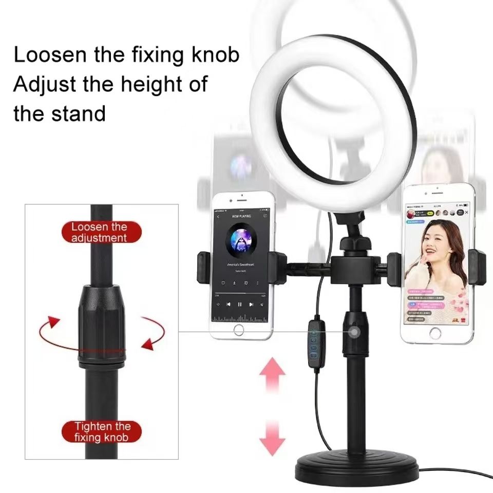 6inch Selfie Ring Light With Tripod Stand 2 Phones Holders Desktop Ring Light for Video Recording Live Broadcast Live Streaming Selfie Makeup Video Photography Selfie Lights