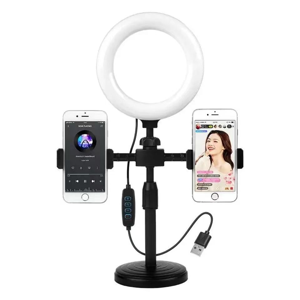 6inch Selfie Ring Light With Tripod Stand 2 Phones Holders Desktop Ring Light for Video Recording Live Broadcast Live Streaming Selfie Makeup Video Photography Selfie Lights