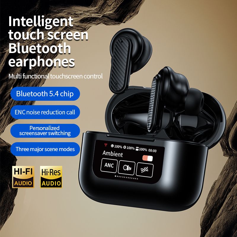 New LED Screen Bluetooth Earphones YW08 Touch Screen Earpods Color Display ANC Wireless Earphone TWS Earbuds Noise Cancelling Earphones For Android iOS Phones Black